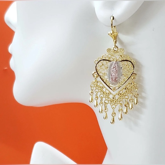 3 Color Gold Plated Our Lady Virgen Guadalupe Chandellier Heart Earrings - Picture 2 of 4